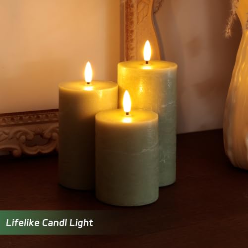 Image of Olive Green Flameless Pillar Candles, Real Wax LED Candles with Remote & Timer, Battery Operated Decorative Candles for Aesthetic Home Decor, Set of 3