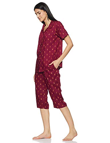 Image of Longies Women's Rayon Pyjama Night Suit Regular Capri Set ((LGRCSSY012 Red Small) S)