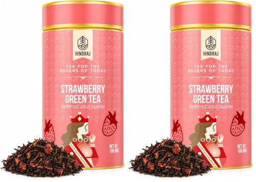 Image of Hindraj Berrylicious Queen Strawberry Green Tea Loose Leaves 100 g Organic Fruit Tea, Sweet & Tart Strawberry Flavor No Added Sugar, Antioxidant Packed (Pack of 2)