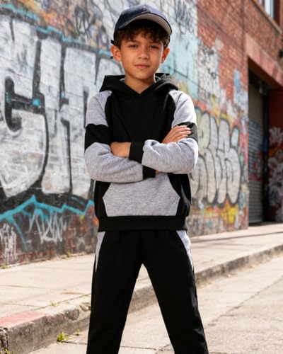 Image of 5-11Y Boys Clothes Long Sleeve Hooded Pullover Colorblock Sweatshirt + Pants 2pcs Fall Winter Outfit Set
