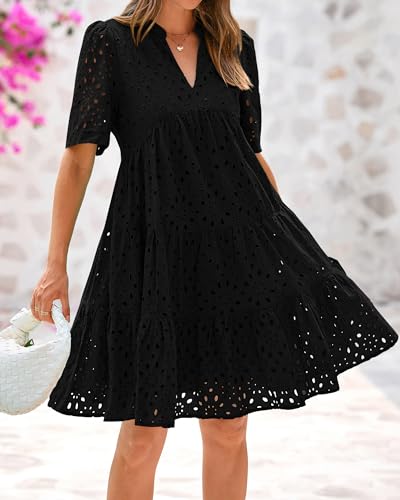 Image of BTFBM Womens Boho Summer Dresses 2026 Spring V Neck Short Sleeve Hollow Out Lace Ruffle Casual Beach Mini Vacation Dress
