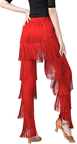 AIEOE Pantalones de Baile Latino para Mujer con Borla Elástica para Adulto Profesional con Flecos Rumba Tango Talla S Rojo