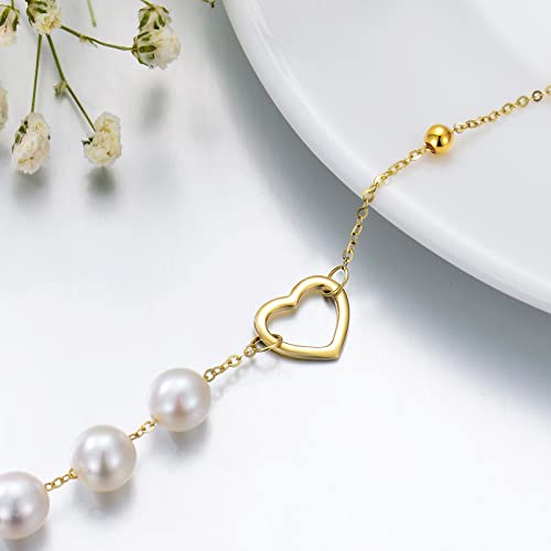 Solid 14kt Gold Heart Bracekets, Simple Gold Handpicked Culturead Pearl Heart Bracelet Jewelry for Women, Mom Wife Girlfriend, 6"-8"4