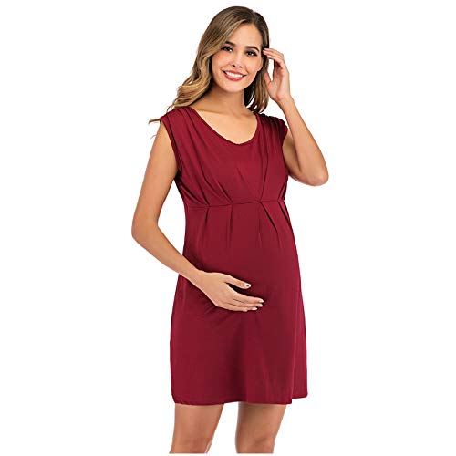 Summer Womens Maternity Tank Dress Casual Ruched Sleeveless Ruched A Line Pregnancy Dresses for Casual Wear or Baby Shower (Wine, XL)