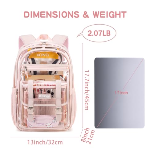 Image of Pink Big Clear Backpack Heavy Duty For Lady,18in XL TPU Bookbag 15Age+ Girl | See Through plastic Stitch durable Design 5-Pocket For School Adults work Warehouses Airport security quick check Adults bag