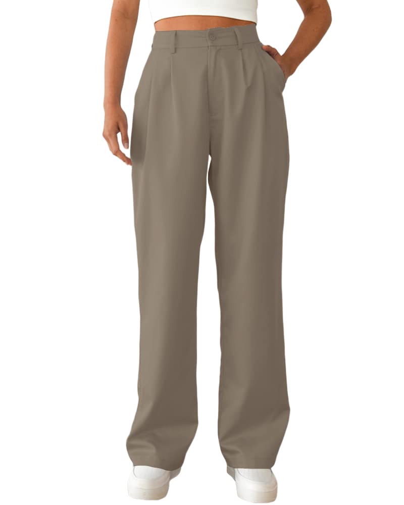 Womens Casual Straight Trousers High Waisted Button Work Office Dress Pants with Pockets Deep Khaki X-Large Long