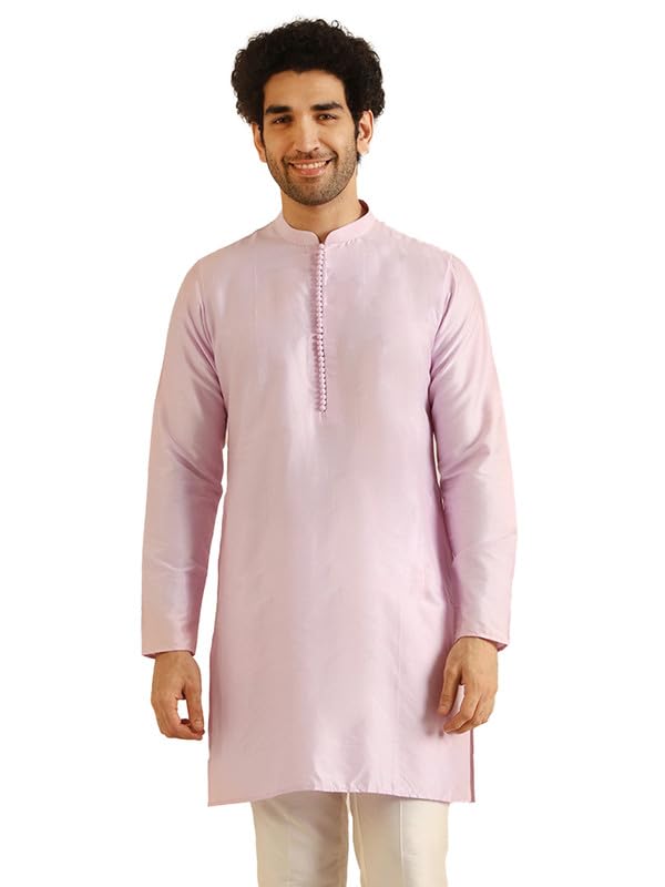 Kisah Men's Kurta, Lavender Cotton Blend, Solid Regular Fit Mandarin Collar Long Sleeves (42)
