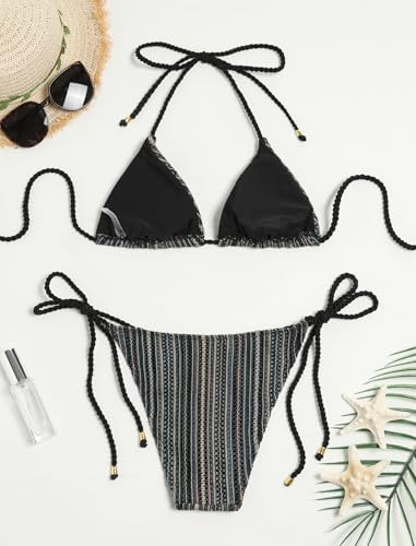 Image of ZAFUL 2 Piece Triangle Bikini for Women Knitted Rope Halter Bikini Sets Sexy Bathing Suit Side Tie Swimsuits Beachwear