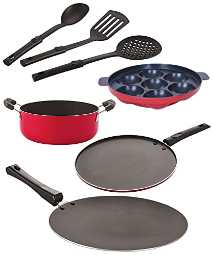 Image of Nirlon Nonstick Coated Aluminium 7 Pcs Set of Concave Tawa-28.5cm,Appam-7 Cavity,Casserole-22cm,Smart Tawa-29cm & 3 Spoon (2.6mm CT12 AP(7) Cass22 ST12 3SPN)