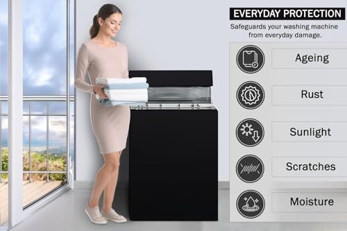 Image of Wings Star Waterproof Top Load Fully Automatic Washing Machine Cover for 8 Kg, 8.5 Kg, 9 Kg, 9.5 Kg (Black) - 63 x 63 x 93 cms