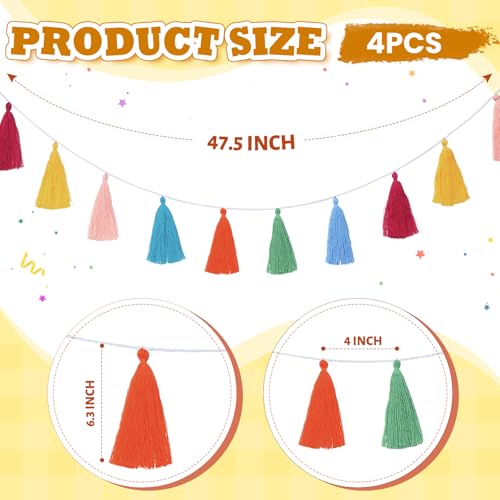 Image of WILLBOND 4 Pcs Rainbow Tassel Garland Party Decorations, Colorful Boho Wall Hanging Banner for Classroom Decor, Back to School Birthday Wedding Baby Shower Nursery Home(Multicolor,6.3 Inch)