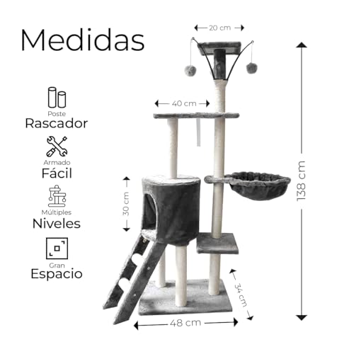 Raganet, Árbol Trepador y Rascador para Gatos, Torre de Actividades de Varios Niveles, Castillo con Escaleras, Hamaca, Cubiertas de Felpa, Seguro y Duradero de 140cm Alto X 50cm Largo (Gris) - Imagen 5