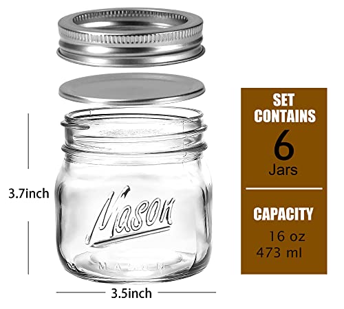 6PCS Wide Mouth Mason Jars 16oz with Airtight Lids and Bands, Canning Jars with Crystal Glass for Food Storage, Spice Jars, Canning, DIY Projects, Jam, Jelly, Honey, Preserving, Drinking