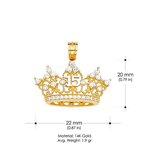 Ioka - 14K Yellow Gold 15 Years Quinceanera Princess Crown or Tiara CZ Charm Small Pendant For Necklace or Chain3