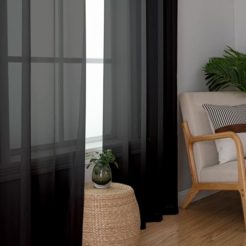 Image of Simplebrand Black Sheer Curtains 96 Inches Long, Light Filtering Rod Pocket Solid Color Window Sheer Curtain Panels, Elegant Curtains & Drapes for Living Room, Bedroom 2 Panels (Black, 59 inch W x 96 inch L)