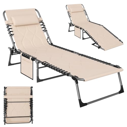 Outsunny-Padded-Folding-Chaise-Lounge-Chair-Outdoor-with-Headrest-Beige Outsunny Padded Folding Chaise Lounge Chair Outdoor with Headrest Beige - Image 1