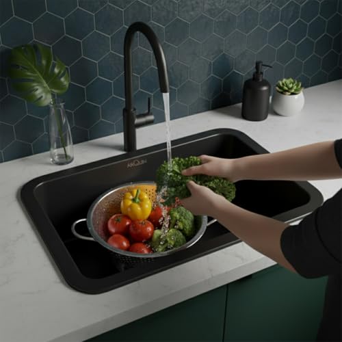 Image of ARQUIN Quartz Sink 24x18x9 Inch Black Round Corner | Single Bowl Sink | Durable & Scratch-Resistant | Undermount /Topmount Including Coupling, Waste Pipe & Fruit Washing Basket