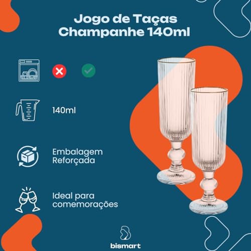 Jogo de Taças de Vidro Champanhe Borda Dourada 140ml