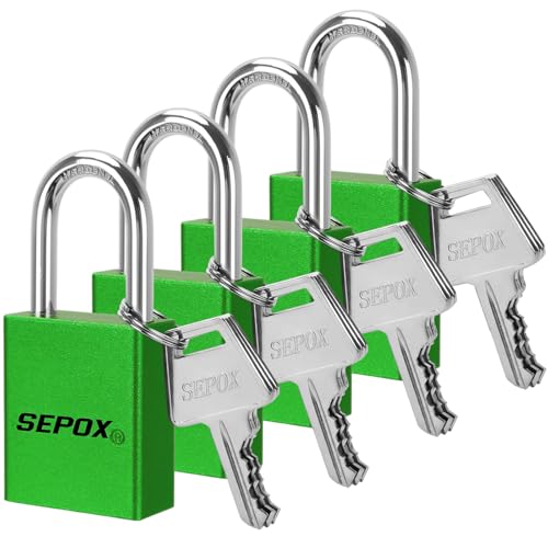 Image of SEPOX 4-Pack Green Aluminum Padlocks, Rust /Waterproof, Keyed Alike | Green aluminum set with 8 same keys, high security. For outdoor /industrial LOTO, gates, storage, lockers & fences.