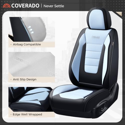 Image of Coverado Car Seat Covers Front, Seat Covers for Cars, Waterproof 2-Pack Car Seat Cushions, Leather Carseat Seat Protectors, Universal Seat Covers Fit for Most Sedans Pick-up Trucks(Black&Light Blue)
