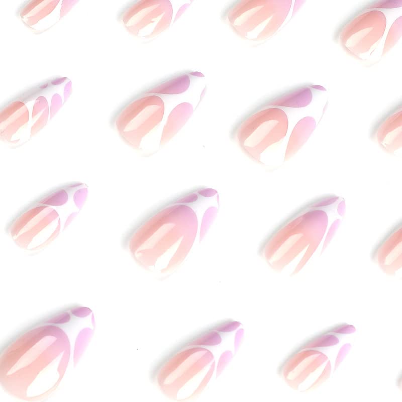 Miniatura 3 de BABALAL Uñas postizas de almendra a presión, uñas falsas medianas, punta francesa púrpura con pegamento en uñas con diseño, 24 piezas, uñas