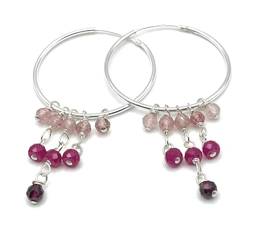 Créoles en argent 925 avec rubis et quartz rose, l'alliance de pierres fines haute qualité