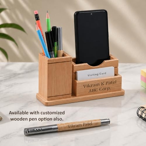 Image of Deskart Customized Multipurpose Pen Holder Stand | Premium Wooden Desk Organizer with Business Visiting Card and Mobile Holder