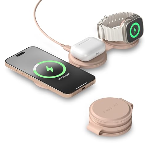 SATECHI OntheGo? 3 in 1 ���C�����X�[�d�� Qi2 �|�[�^�u�� 3�䓯�� �[�d�� 1m�P�[�u���t iPhone 17�`12 �V���[�Y�p 15W �}���[�d�AApple Watch �p 5W�AAirPods �p 5W�A�}�O�l�b�g���g���x��