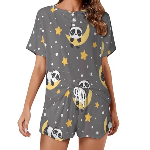 Pyjama femme manches courtes imprimé panda et étoiles douces