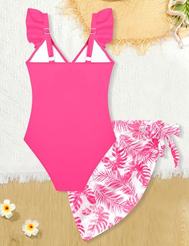 Image of Girls One Piece Swimsuit Cut Out Ruffle Bathing Suit Twist V Neck Swimwear Solid Color with Cover Up Skirt 9-16T