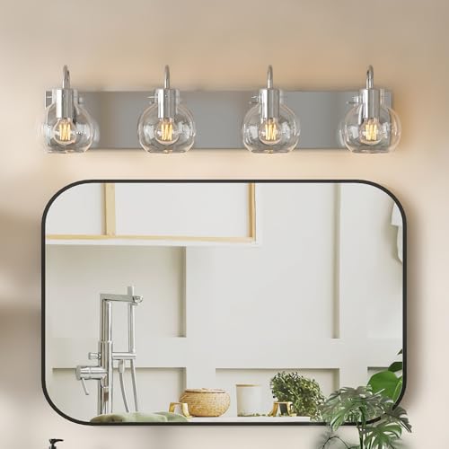 Image of Brushed Nickel Bathroom Light Fixtures, 4-Light Modern Vanity Light Over Mirror, Wall Sconces with Frosted Glass Shades, E26 Socket (Bulbs Not Included)