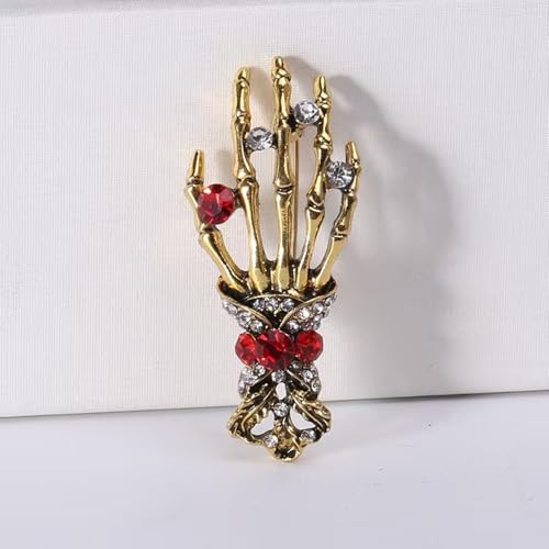 Image of Gothic Halloween Skull Hand Brooch Pin for Women Men Punk Vintage Crystal Skeleton Tassel Chain Lapel Pins Dark Skull Brooches Sweater Suit Accessory