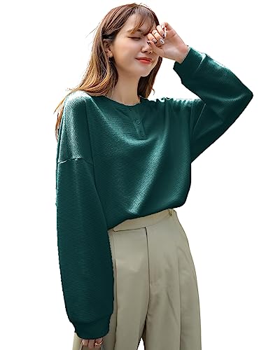 Image of Women's Waffle Button Down Neck Korean Tops for Women || Oversized t Shirts for Women || Long Sleeve Tops