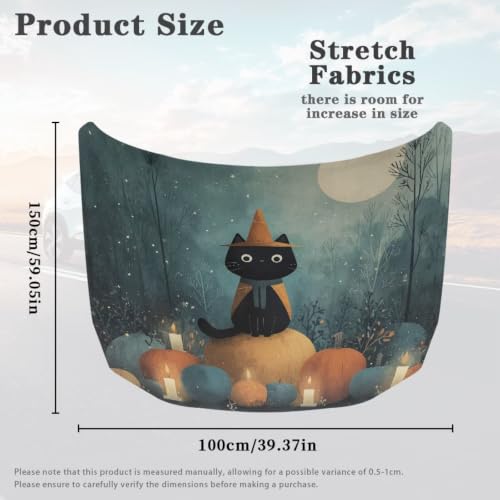 Image of Cute Black Cat Halloween Print Car Hood Cover Easy to Install Fabric Hood Cover Halloween Vehicles Decorate Engine Removable Automotive Accessories Personalized Suitable for Cars(59x39 Inch)