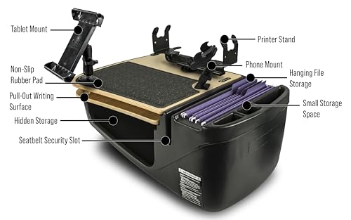 Image of AutoExec AE-GMCD-PM-PS-TAB-11M GripMaster Car Desk for Your Vehicle Workstation and Mobile Office, Natural with Phone Mount, Printer Stand and Tablet Mount