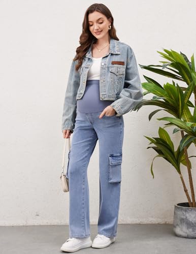 Image of PACBREEZE Women's Maternity Jeans Cargo Straight Leg Relaxed Jeans Over Belly Comfy Denim Pregnancy Pants, S-XXL (Light Blue, Small)