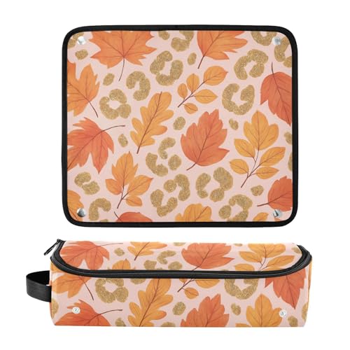 Estuche de viaje 2-en-1 para plancha y rizador con tapete resistente al calor, gran capacidad, organizador para herramientas de cabello y accesorios, diseño Safari Seasons Leopardo - Hojas de otoño miniatura 3