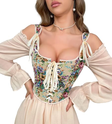 Image of Women-Renaissance-Floral-Corset-Bustier Vintage-Gothic-Camisole-Shapewear | Retro overbust corset bustier top,lace-up adjustable fit,for daily,cosplay, Halloween and themed costume