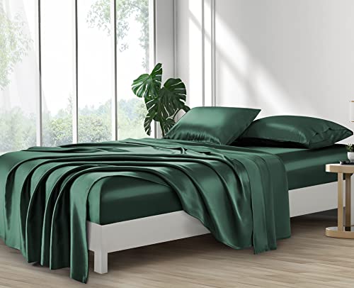 Image of Lanest Housing Silk Satin Sheets, King Size Satin Bed Sheet Set with Deep Pockets, Cooling Soft and Hypoallergenic Satin Sheets King - Dark Green