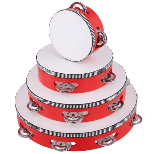 MAHIONG 4 PCS 4' 6' 8' 10' Red Wooden Tambourine Set, Musical Instrument Tambourine Set, Handheld Drum Bell Metal Jingles Single Row Percussion for Church, Party