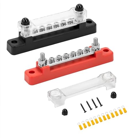 GUNGY Blok rozdzielczy zasilania 12V-48V DC BusBar 150A Szyny rozdzielające energię z 6 x śrubami zaciskowymi M4 do samochodu, ciężarówki, łodzi, czerwony, czarny, 2 sztuki
