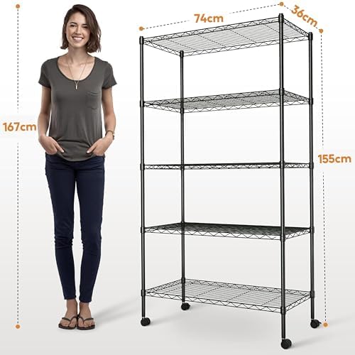 Simple Deluxe 5-Shelf Wire Shelving Unit,Metal Shelf Organizer with Wheels,Heavy Duty Standing Storage Shelf for Bathroom,or Other Commercial Use,DIY Free,MAX Load 565kg,76Dx36Wx146Hcm, Black