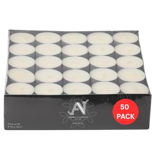Aroma Naturals London Unscented Tealights 8 Hours Candles Pack of 50 | Long Burn Candlelight Everday Use | Size D3.72 x H2.5cm | White t Lights Wax & Aluminium Cups | Tea Lights Bag of (50)