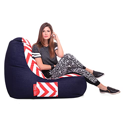 Image of Style Homez Urban Design Denim Canvas Stripes Printed Chair Bean Bag XXL Size Filled with Beans Fillers