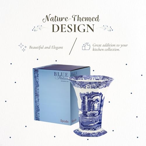 Spode Blue Italian Hexagonal Vase - 10.5" Porcelain Decorative Accent with Oriental-Inspired Detailing & Scenic Italian Countryside Design - Tabletop Centerpiece for Home Decor
