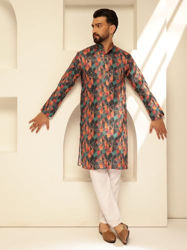 Image of SOJANYA (Since 1958 Men's Cotton Linen Geometric Print Long Kurta