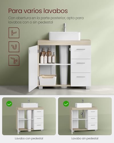 Miniatura 5 de Vasagle Mueble Bajo Lavabo, Armario De Baño, 3 Cajones, 2 Compartimentos Detrás De La Puerta, Apto Para Lavabos Con Pedestal, Con Pies, 30 X 70 X 64 Cm, Blanco Nube Y Beige Natural Bbk504k01
