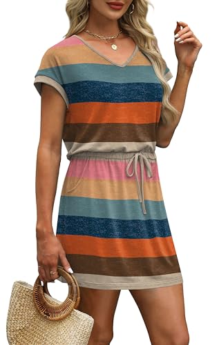 Image of OFEEFAN Summer Dresses for Women 2026 V Neck T Shirt Casual Mini Dresses Tie Waist Sundresses with Pockets