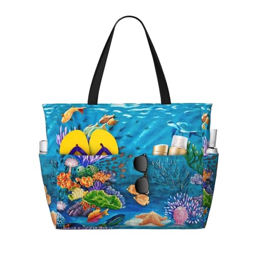 Uusnwaa Grand sac de plage imperméable et résistant au sable, motif tortue de mer, poisson tropical, étoile de mer, pour femme, pliable, léger, fermeture éclair, piscine, voyage, croisière