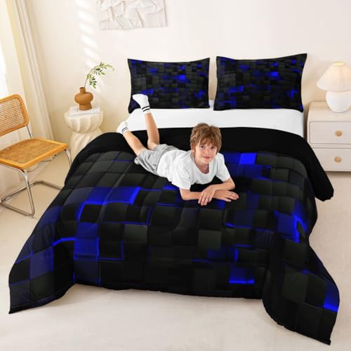 Image of Erosebridal Black Navy Royal Blue Comforter Set Full Neon Geometric Checkered Bedding Set for Teen Boys Gamer Room Decor,Abstract Stereoscopic Grids Quilt Square Plaid Check Bed Set 3 Pcs
